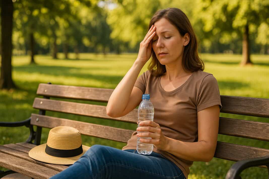 Frau mit Kreislaufproblemen ruht sich an einem Sommertag im Park aus