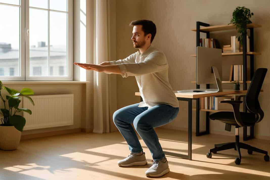 Aktive Pause am Arbeitsplatz: Kniebeugen im Büro für neue Energie
